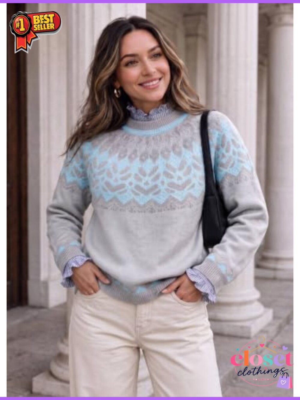 Nordic Fair Isle Knit Sweater Pullover Crew Neck Long Sleeve - Picture 2 of 5